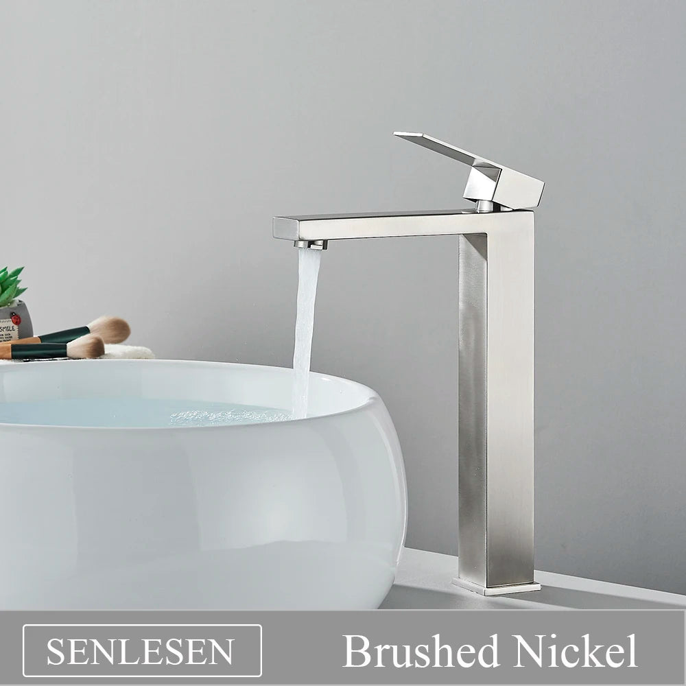 Senlesen Brushed Gold Bathroom Faucet Basin Faucets Deck Mounted Sink Mixer Tap Stainless Steel Countertop Hot Cold Water Crane
