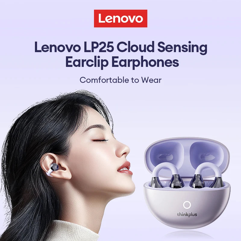 Lenovo LP25 PRO Bluetooth 5.4 Headphones Ear Clip Sport Wireless Headset Long Battery Life Noise Reduction Earphones HD Mic Call