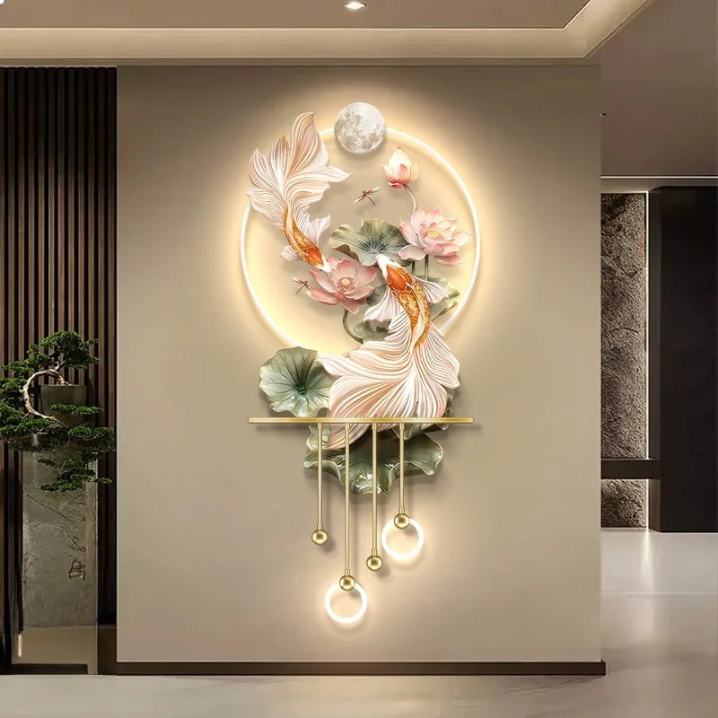 Modern Light Luxury Entrance LED Decorative Painting Koi Carp Home Decoration Living Room Bedroom Sofa Wall Corridor Mural Light