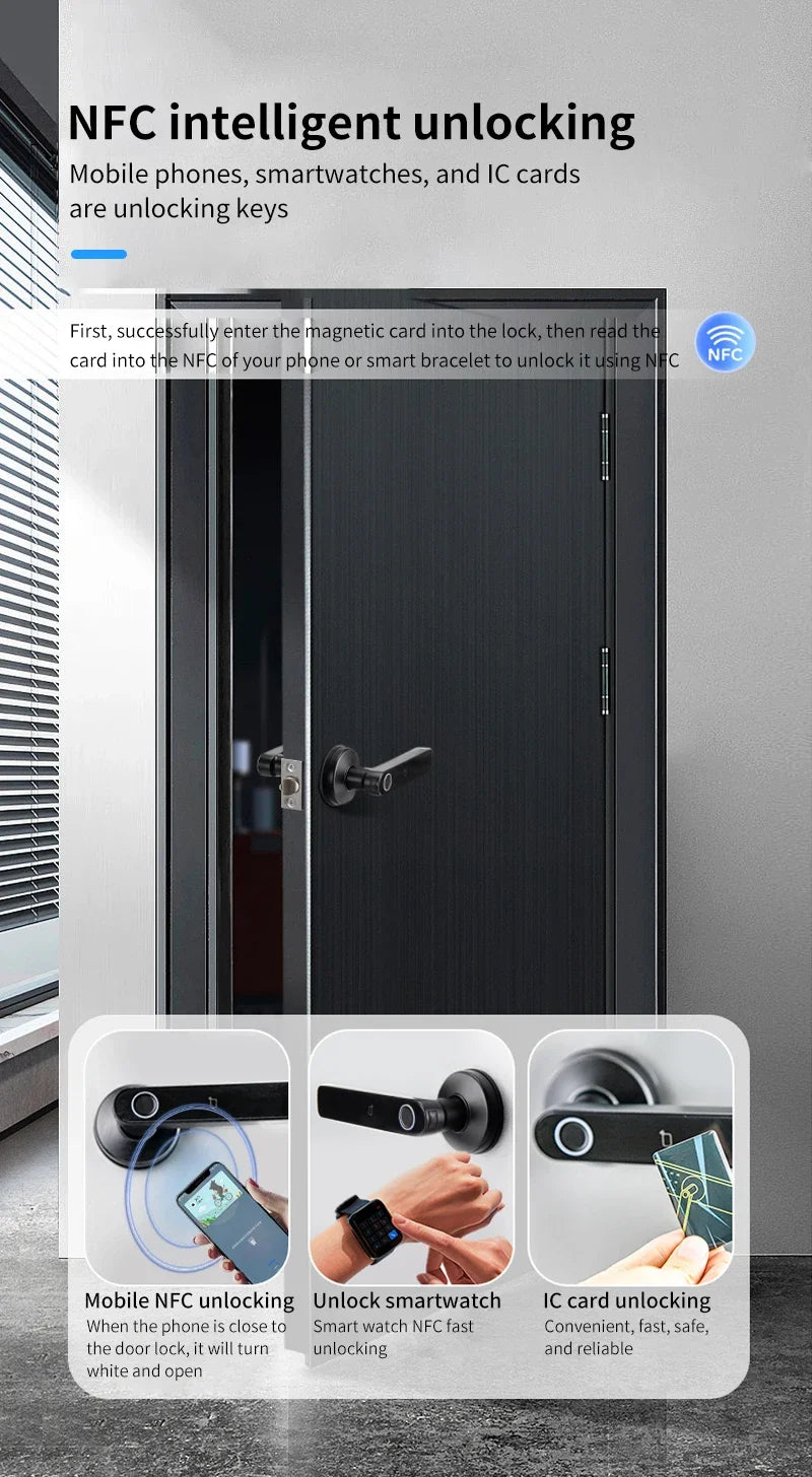 Work with Tuya App Bluetooth Smart Fingerprint Door Lock Password Mechanical Key NFC Unlocking For Wooden Door Handle Lock IP65