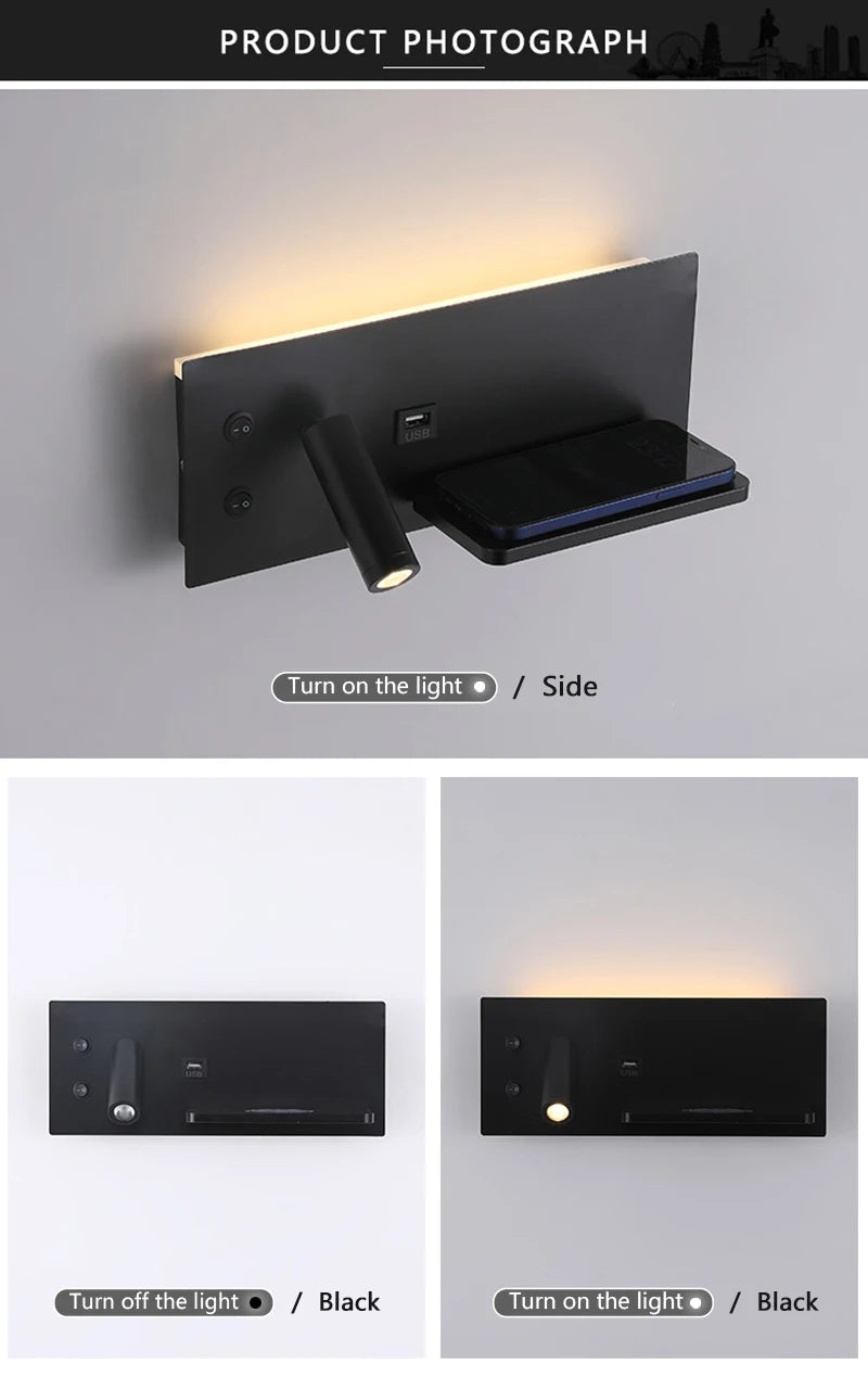 Multi functional wall lamp with switch, USB interface, LED mobile phone wireless charger, reading wall lamp, bedroom night light