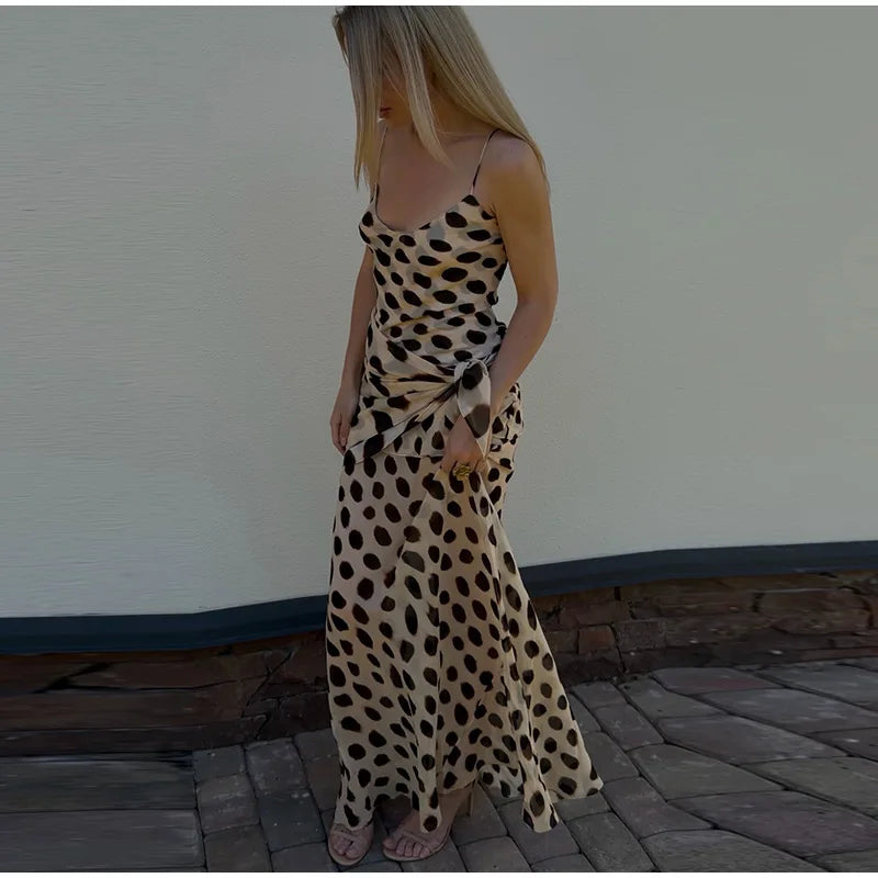 Vintage Print Maxi Dress Square Neck Spaghetti Strap Sleeveless Off Shoulder Detachable Wrap Tie Sash Dresses 2026 Chic Outfits