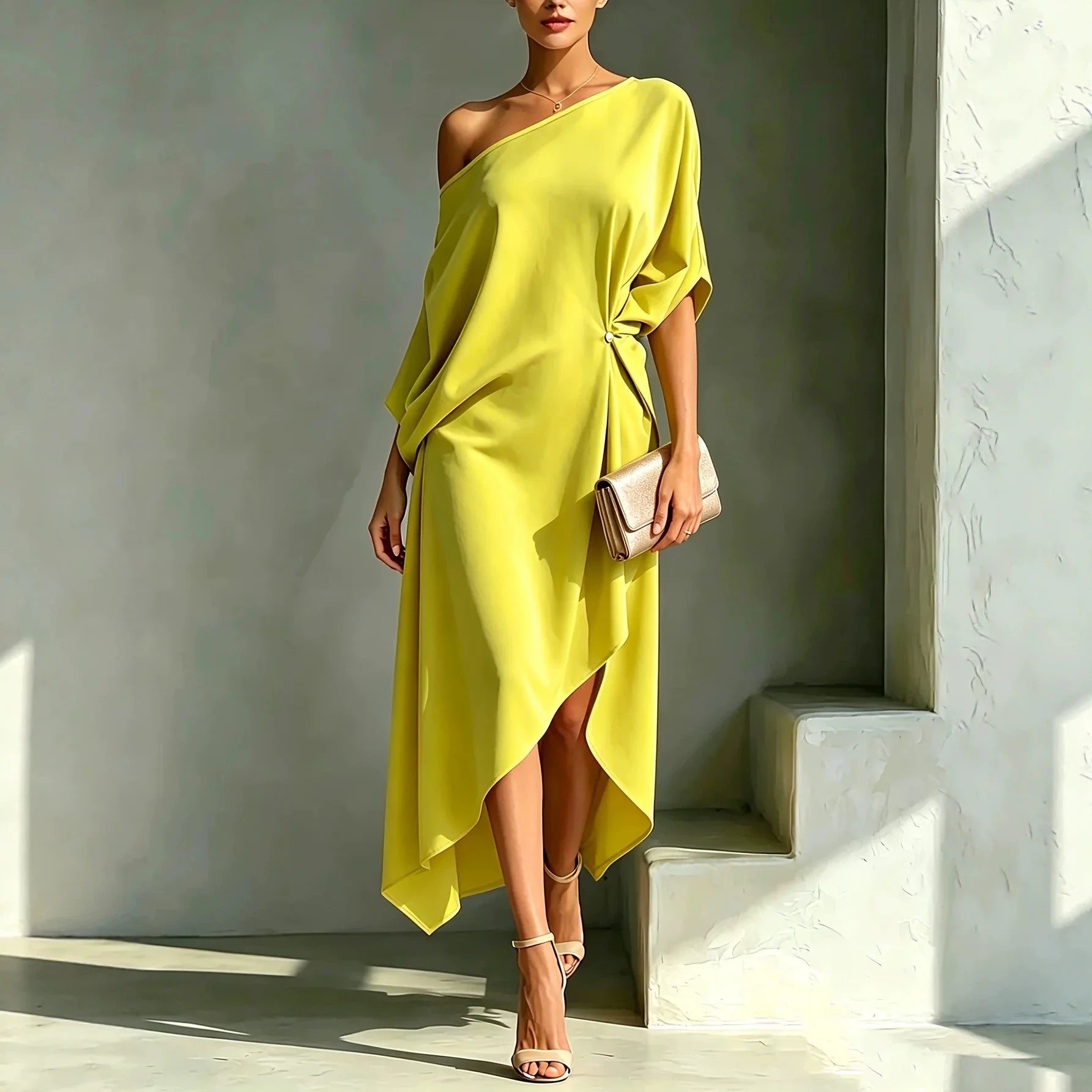 Women Summer Elegant Off Shoulder Half Sleeve chic Dress Batwing Sleeves Irregular Button Design Vintage Casual Holiday Dresses