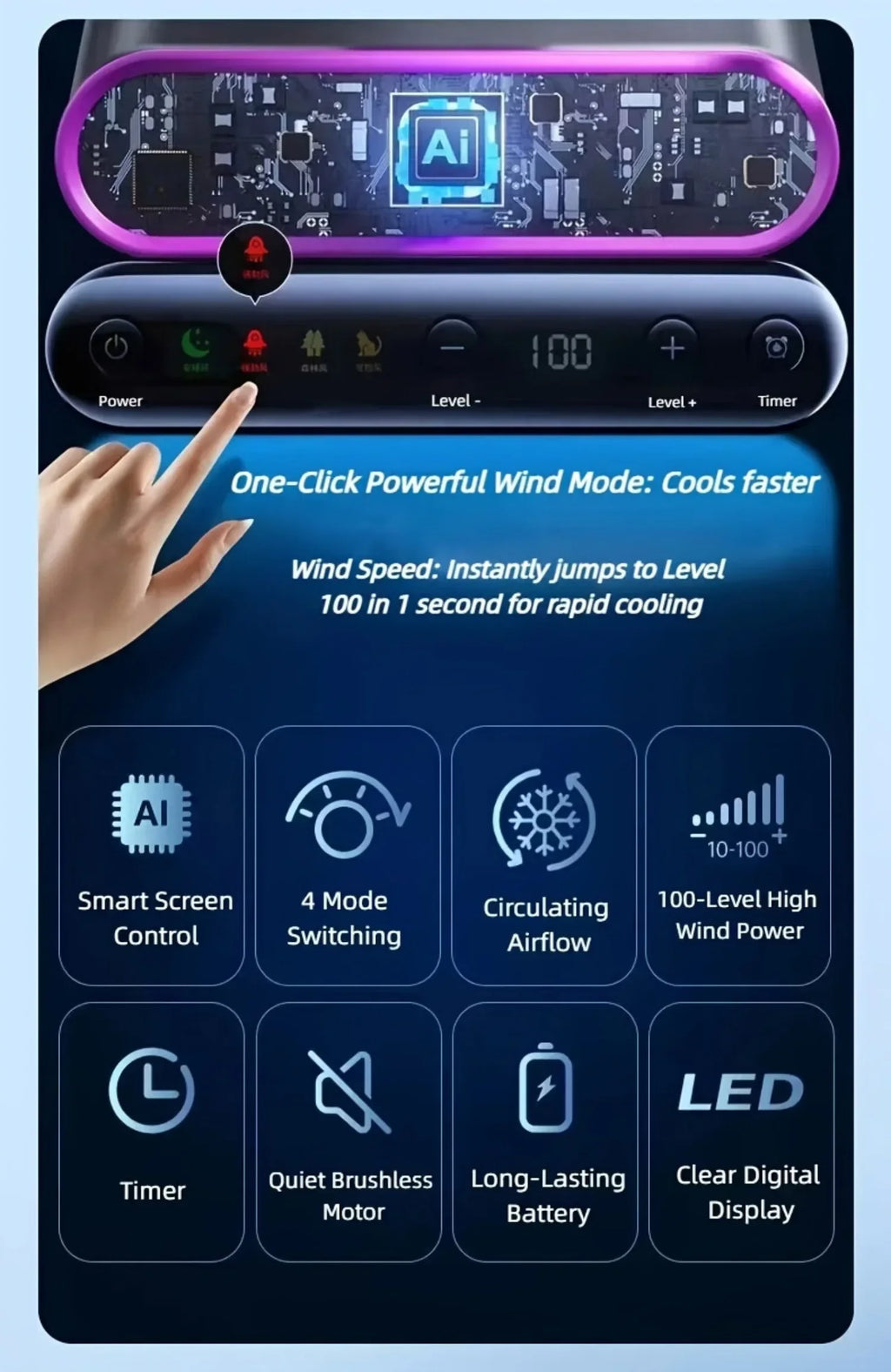 Air Circulation AI Fan Desktop Portable Rechargeable Fan Smart 100 Speed Stepless Quiet Brushless Motor Type-C Baby Sleep Wind