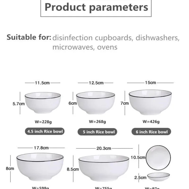 White With Black Dinner Plate Set Ceramic Serving Tray Food Dishes Rice Salad Noodles Bowl Soup Kitchen Dinnerware