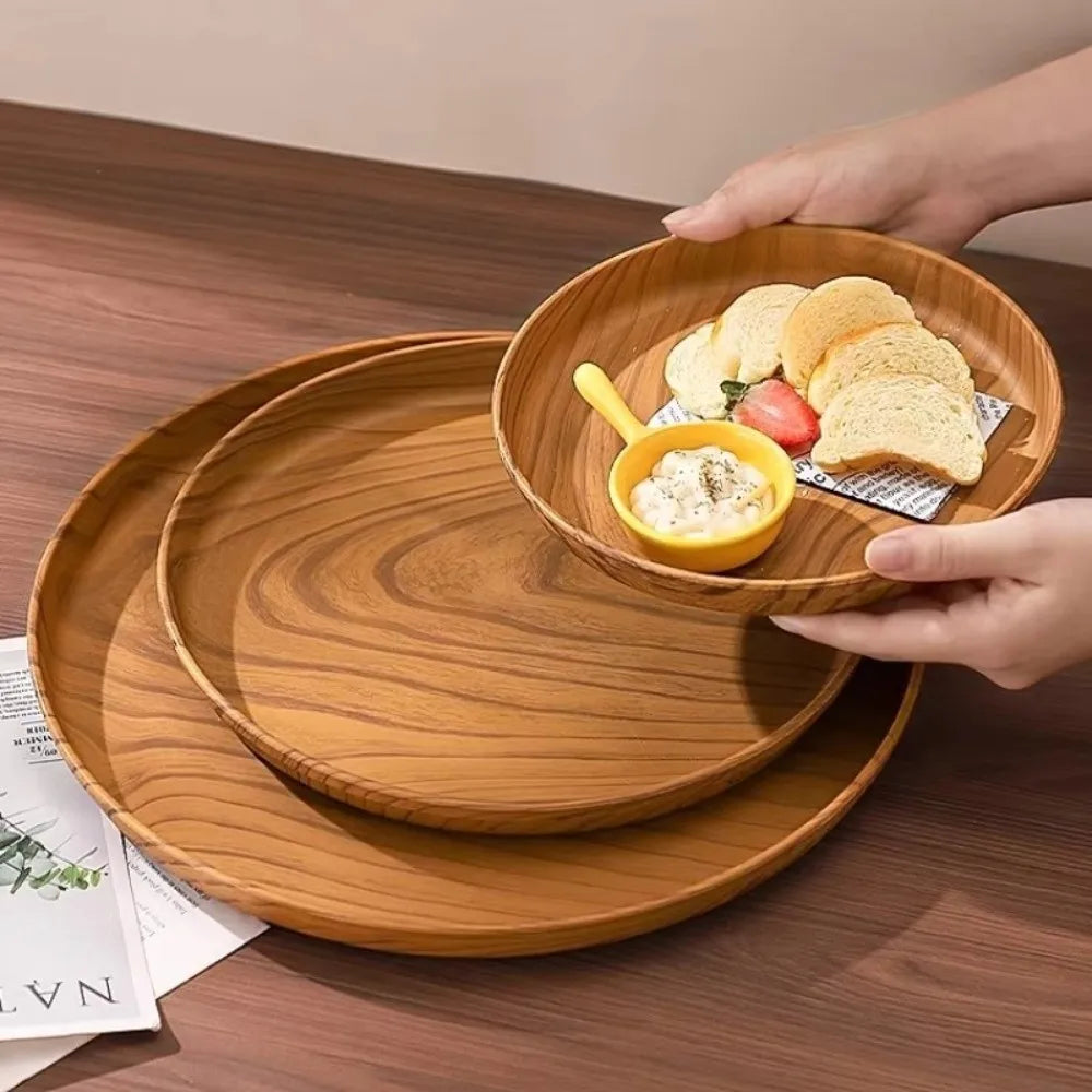 Kitchen Accessories Plastic Wood-Grain Round Tray Imitation Wood Multi-Purpose Tea Tray Dinner Plates Tea Coffee