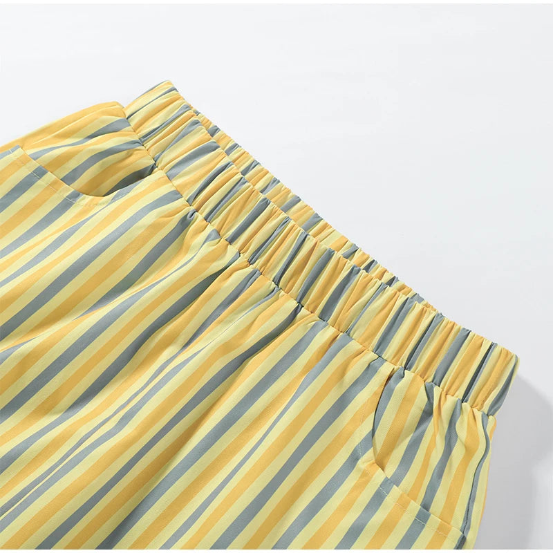 Casual Striped Pleated Vest Pants Women's Set Elegant Sleeveless O-neck Top Wide Leg Trousers 2026 Summer Vacation Lady Outfit