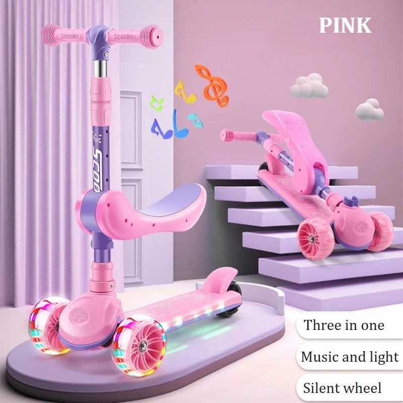 2-in-1 Scooters Kids 3 Wheel Kick Scooter for Boys Girls Adjustable Height & Seat Non-Slip Deck Sit or Stand Ride with Brake