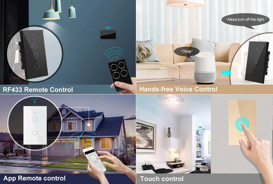 2 Way Smart RF433 Remote Control Wall Light Touch Switch Light Glass WiFi Tuya Smart Life US USA White Black Gold Alexa ON OFF