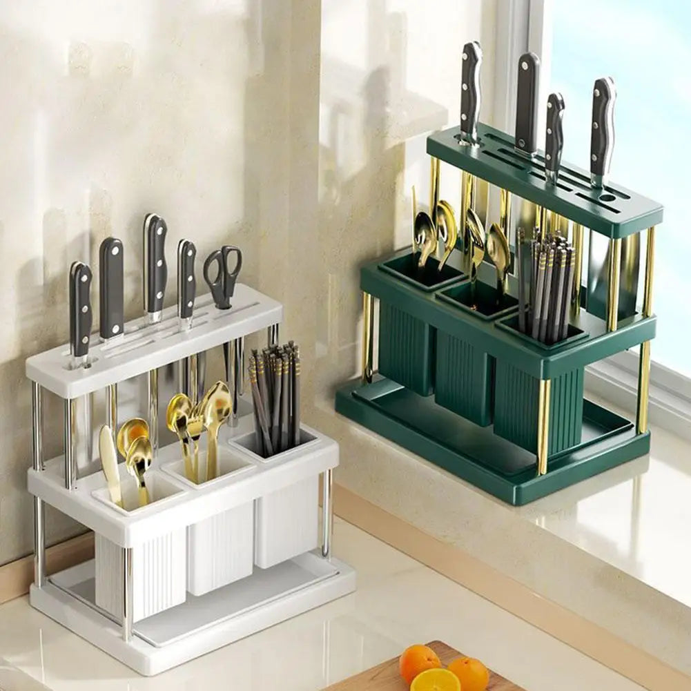 Kitchen Knife Holder Multi-Function Cutter and Cutlery Drainer Rack PP Space Saving Kitchen Utensil Organizer Rack