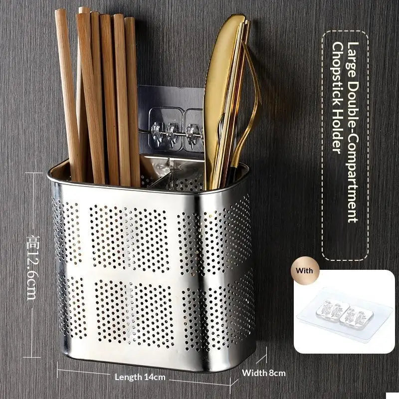 Stainless Steel 2 Compartment Cutlery Organizer With Hooks, Utensil Holder For Kitchen Counter, Dishwasher Safe Flatware Drying