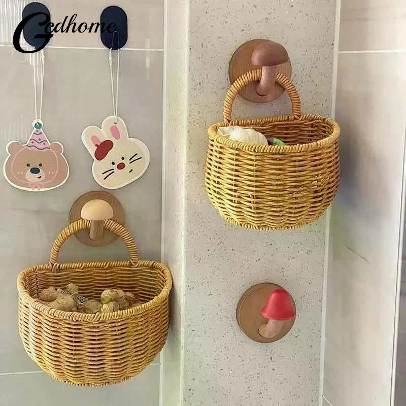 Kitchen Storage Basket With Handle Cute Wall Hanging Woven Basket Kawaii Hanging Storage Basket Kitchen Sundries Organizer