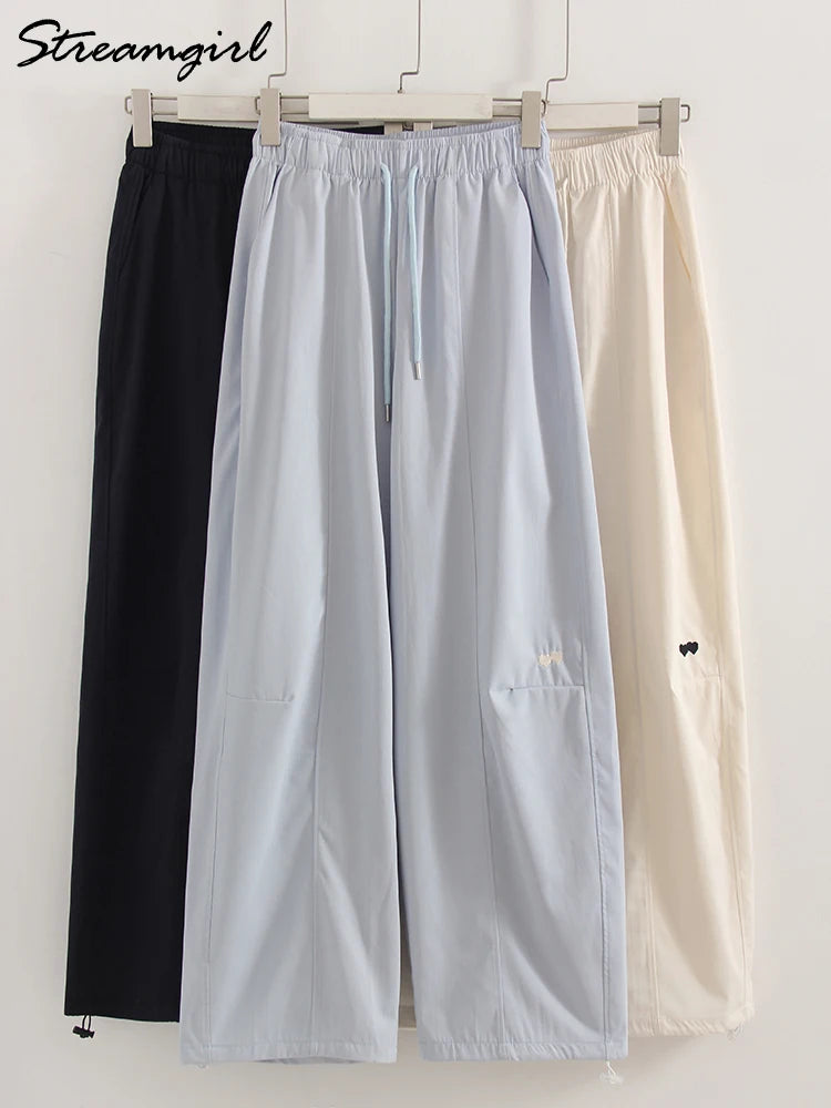 Blue Straight Pants For Women Elastic Wiast Jogger Quick-dry Sweatpants Baggy Embroidery Trousers Ladies Wide Leg Sport Pants