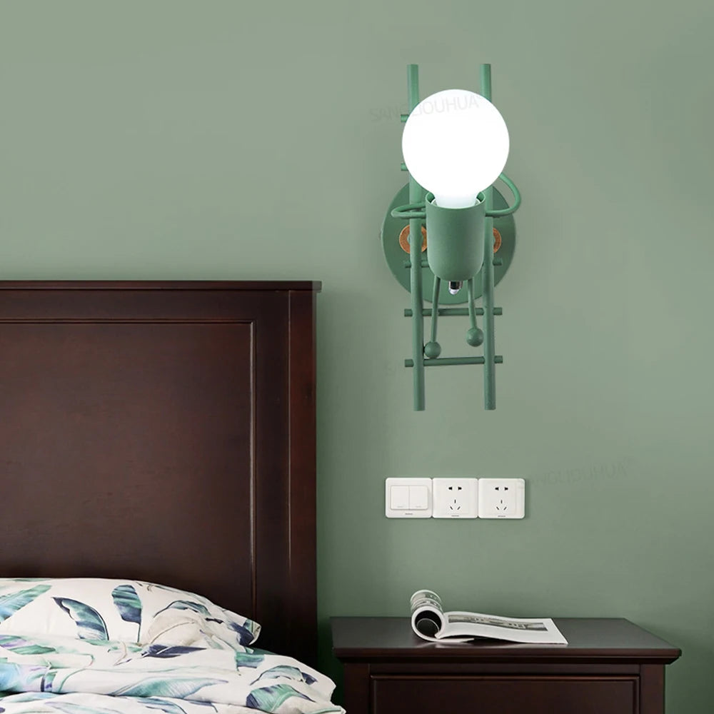 Modern LED  Wall Lamp Nordic Cartoon Doll Wall Lights  American Creative Metal Robot Sconce for Kids Baby Room Living Bedroom