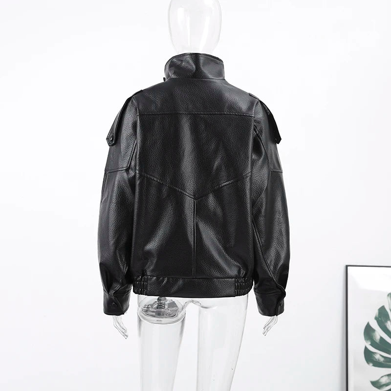 Fashion Black Faux Leather Short Jackets Women Retro High Neck Long Sleeve Oversized Coats Lady Autumn Winter Classic Streetwear