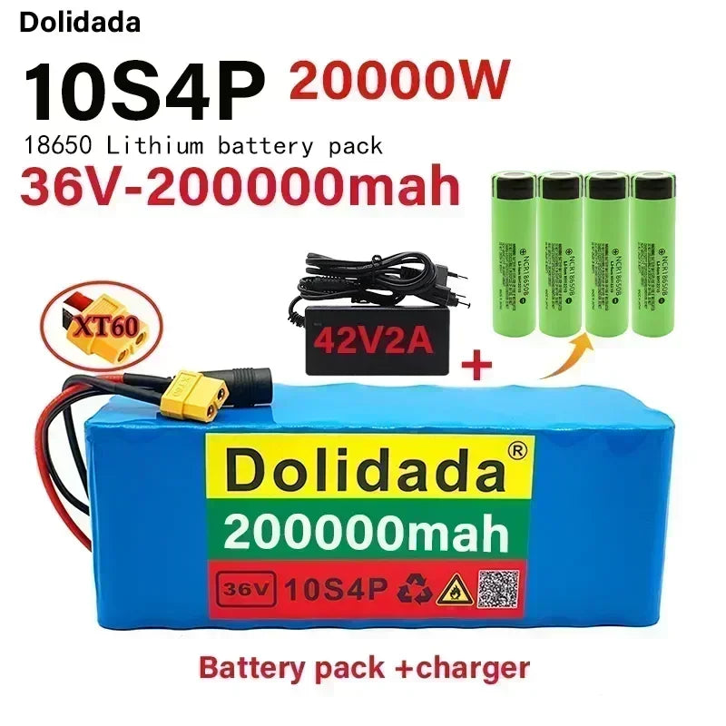 Electric Scooter 10S4P 200000 Lithium Battery 36V 18650 Battery 36V 200Ah Electric Scooter 36V Electric Scooter Battery+Charger.