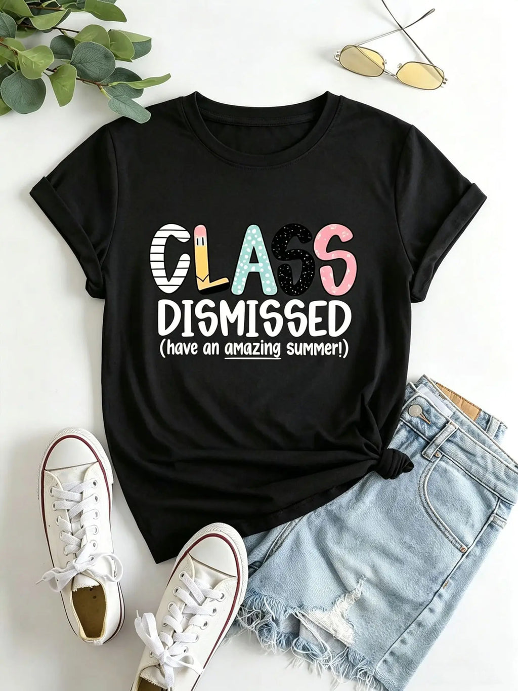 American Style Short Sleeve T-Shirt Women's Letter Print Slimming Fashionable Cross-Border Shoulder Length round Neck Top