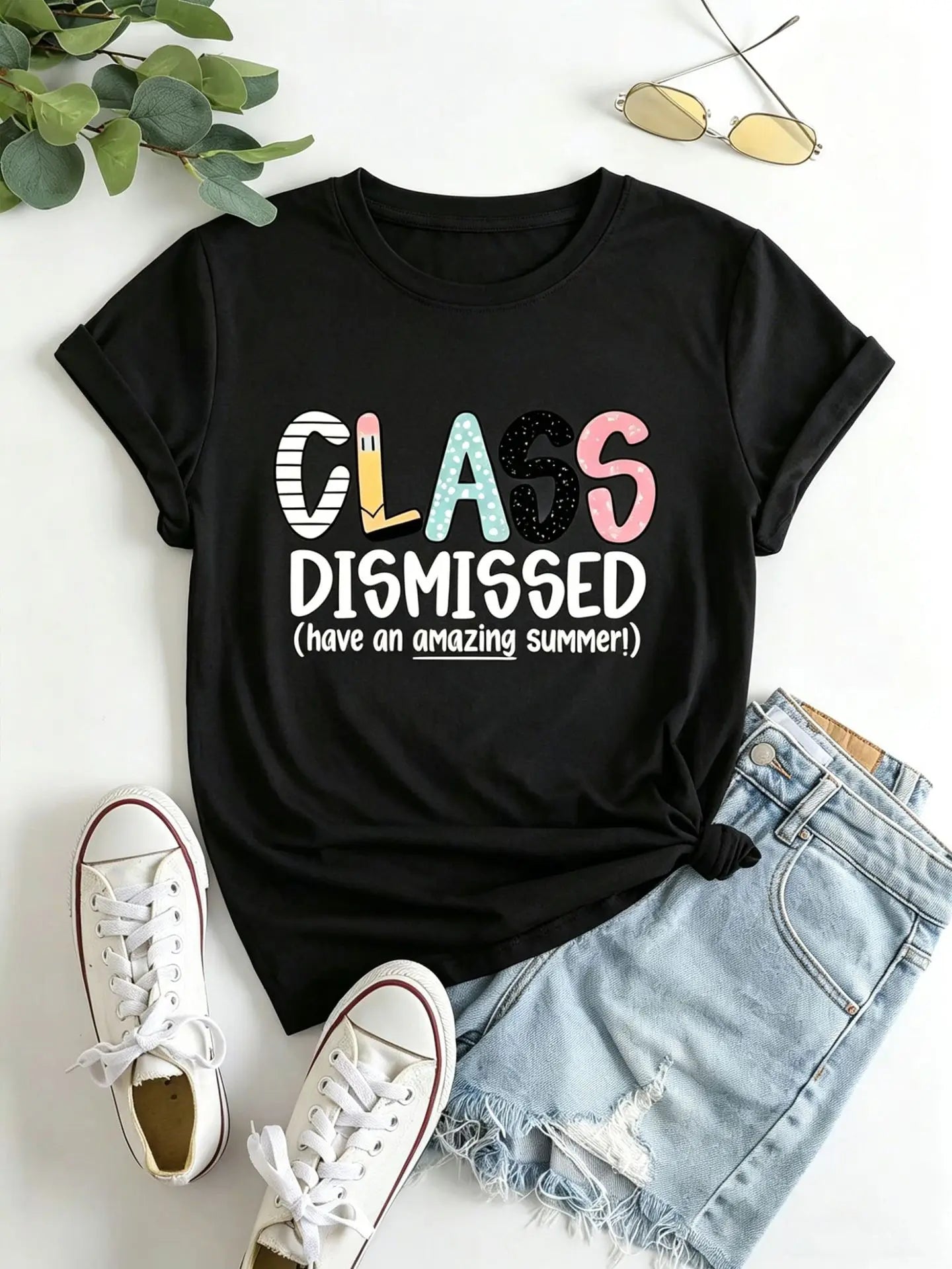 American Style Short Sleeve T-Shirt Women's Letter Print Slimming Fashionable Cross-Border Shoulder Length round Neck Top