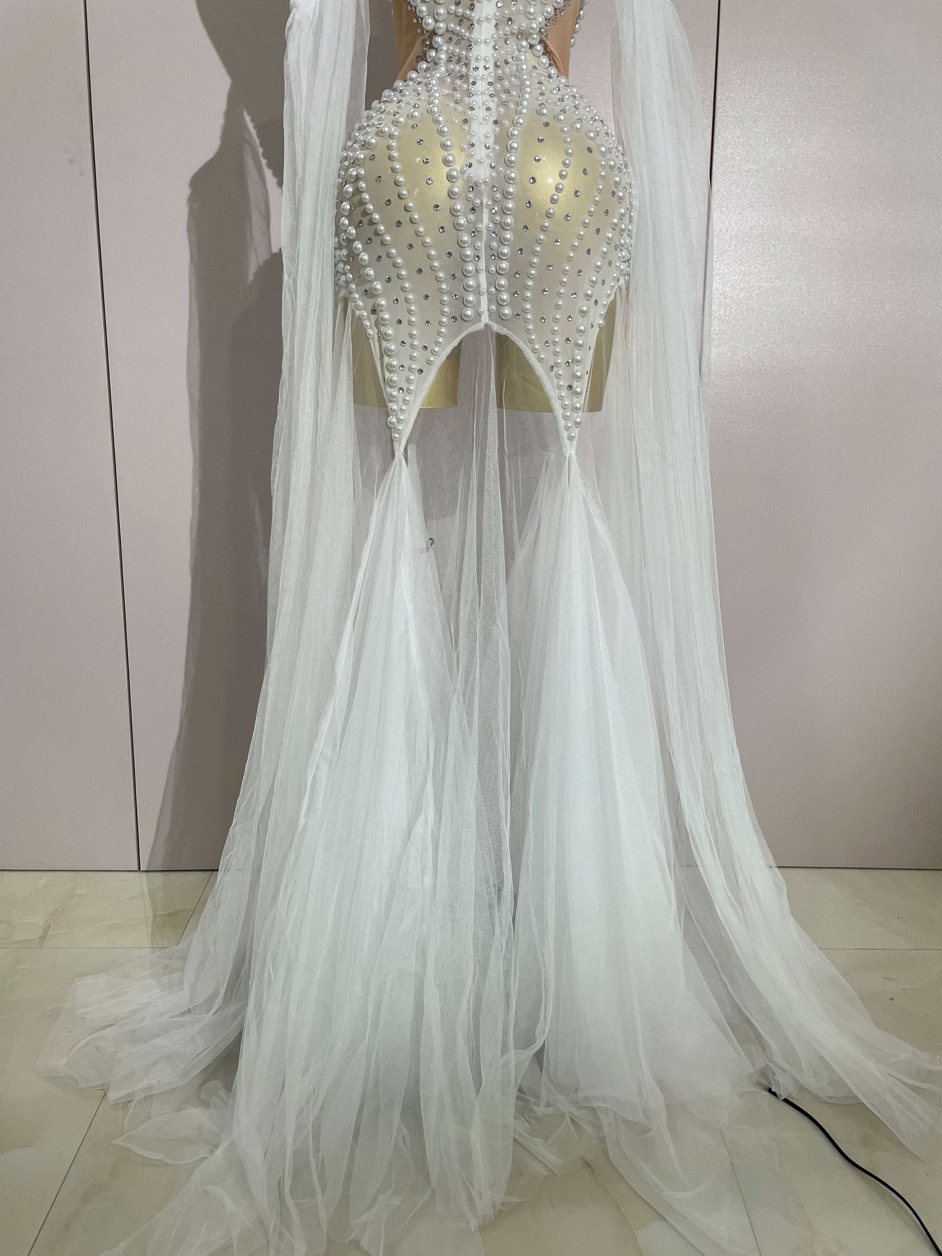 Elegant Sparkly Rhinestone White Pearl Sexy Strapless Mesh Long Dress Wedding Guest Gowns Luxury Birthday Evening Party Dress