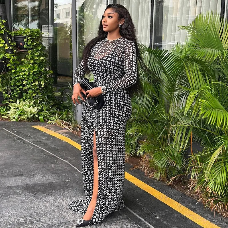 Women's Turtleneck Long Sleeve Waistband Ribbons Decoration Hips Wrapped Split Long Dress, Slight Perspective