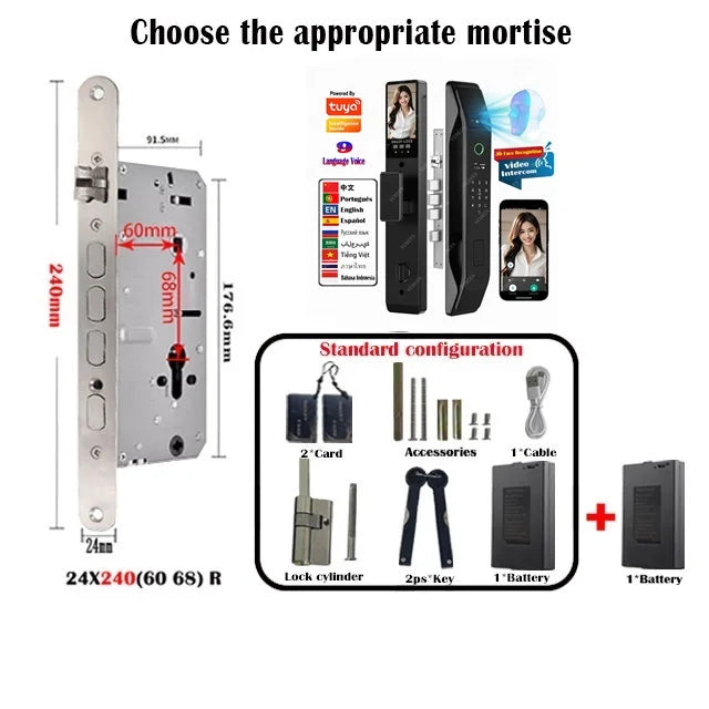 Tuya Wifi App Face Polyglot Electronic Door Lock Fingerprint Recognition Password Smart Digital Lock Key Card 6068 Mortise Lock
