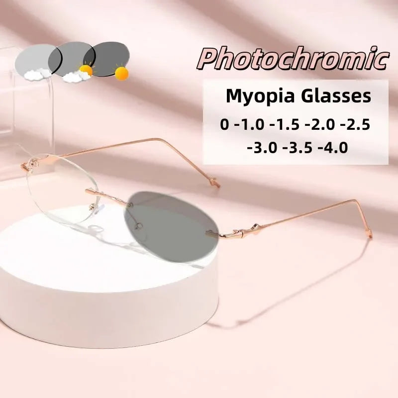 Small Oval Photochromic Myopia Glasses Women Men Fashionable Frameless Minus Diopter Glasses Trendy Outdoor Eyewear0-1.0-4.0