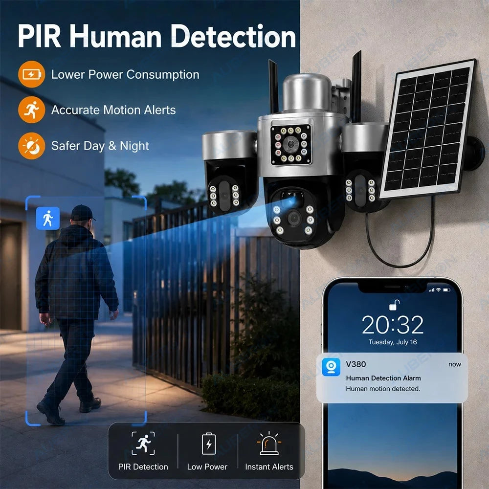 Solar 4G Security Camera 3 Lens 3 Screen Outdoor V380 APP 6MP PTZ PIR Full Color Night Vision IP66 Waterproof Battery Cam System