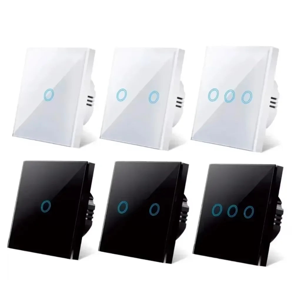 European AC100-240V Tempered Black White Crystal Glass Touch Switch Panel Wall Light Sensor Button 1/2/3 Gang 10A Interrupt