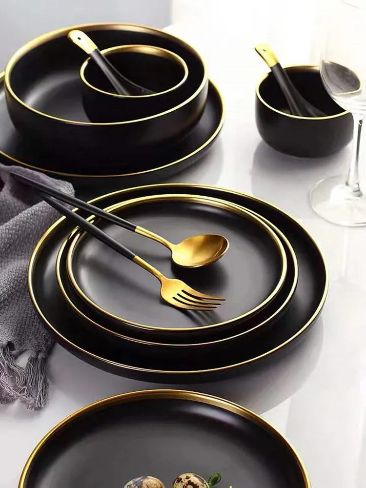 For1/ 4/6/8 Personal Black Porcelain Dinner Plates Set Ceramic Tableware Food Dishes Rice Salad Noodles Bowl Wiht Cutlery Set
