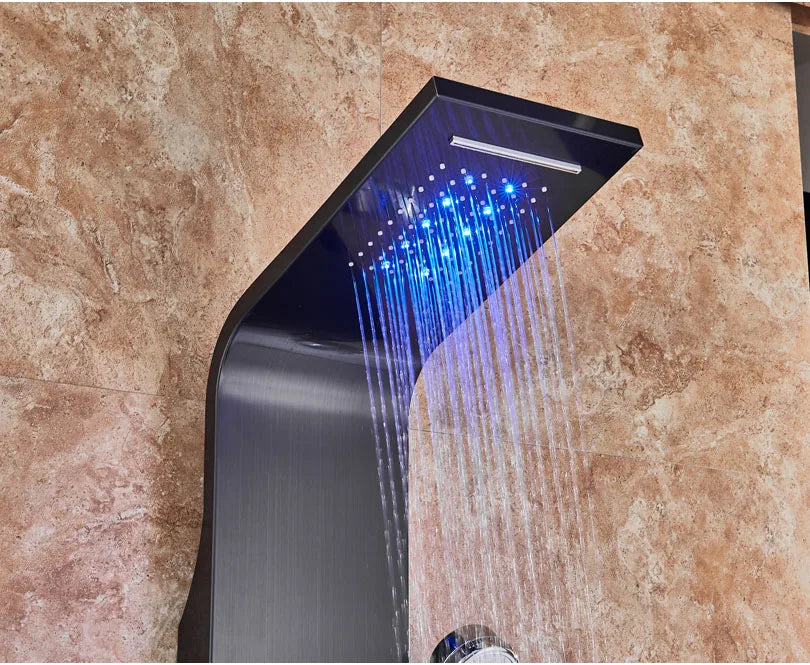 LED Light Bathroom Shower Panel Intelligent LCD Shower Column System with 6 Modes Rain Waterfall Massage Jet Bath Mixer Tap