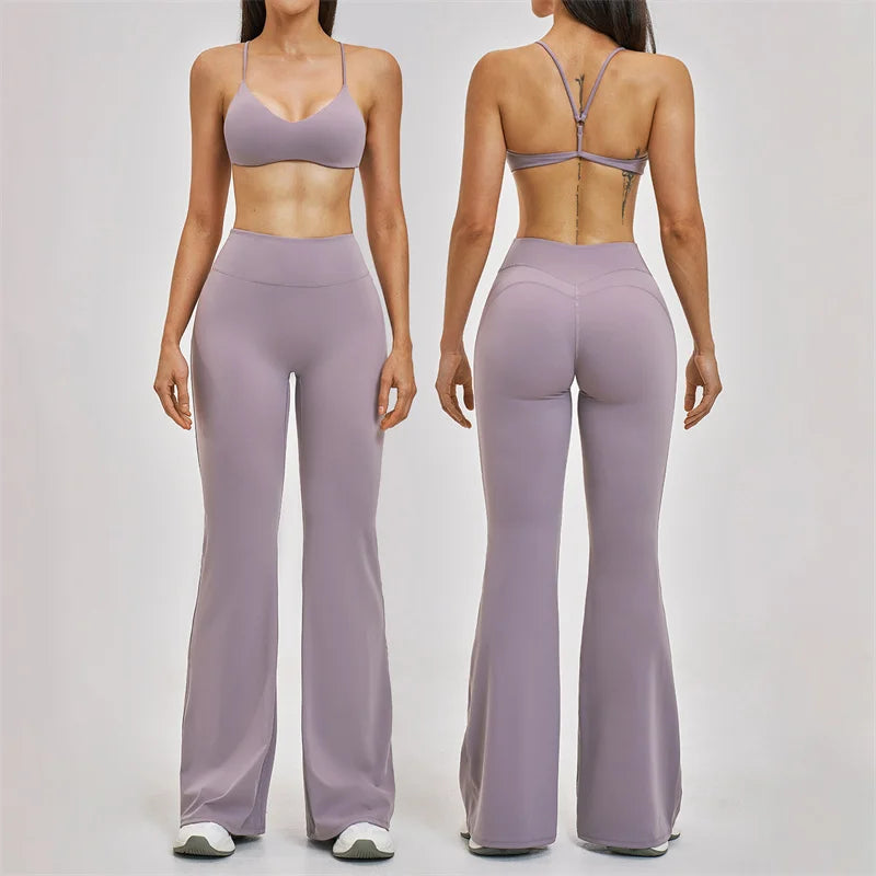 TRY TO BN Women's Tracksuit 2 Pieces Yoga Set Back Y Bra High Waist Leggings Flare Fitness Sportwear Workout Running Gym Clothes