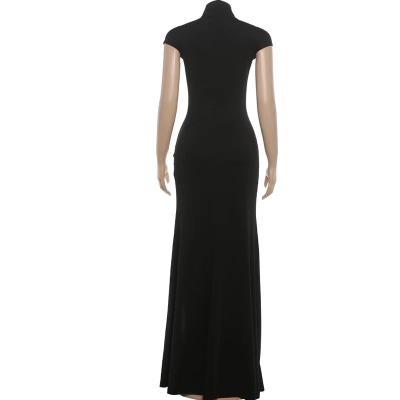 Chic Black Hollow Out A-line Maxi Dress Women Fashion High Neck Short Sleeve Slim High Split Dresses Sexy Evening Party Gowns