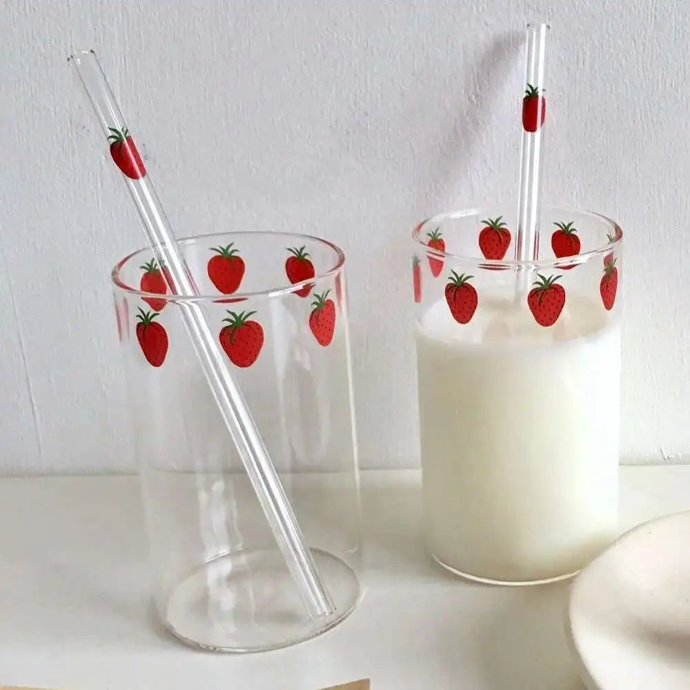 300ml 10oz High borosilicate Nana Cute Strawberry Water Milk Drinking Glasses Cup With Straw