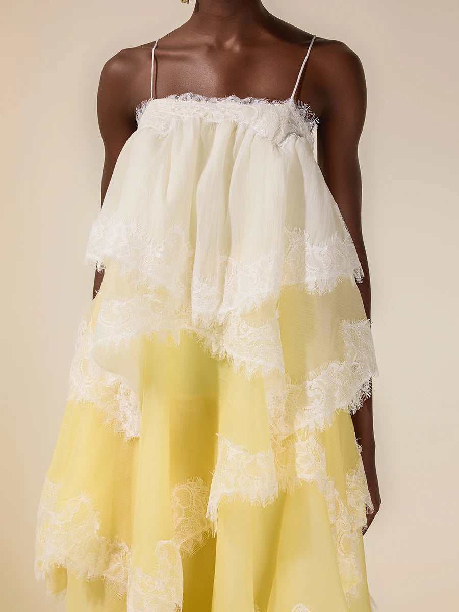 TWOTWINSTYLE Colorblock Loose Spliced Ruffles Dress for Women Square Neck Sleeveless Patchwork Lace Dresses Female Elegant New