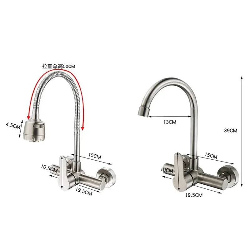 Wall Mount Kitchen Sink Faucet 304 Stainless Steel 2 Modes Hot and Cold Mixer Taps Double Hole Rotating Kitchen Faucets Brushed
