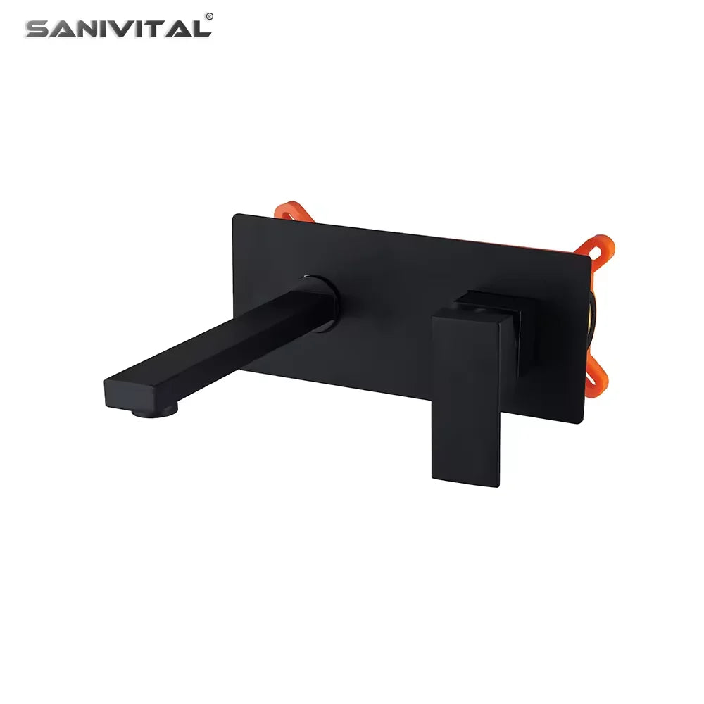SANIVITAL Wall Mounted Bathroom Faucet Matte Black Basin Mixer Tap Single Handle Hot Cold Water Sink Faucet