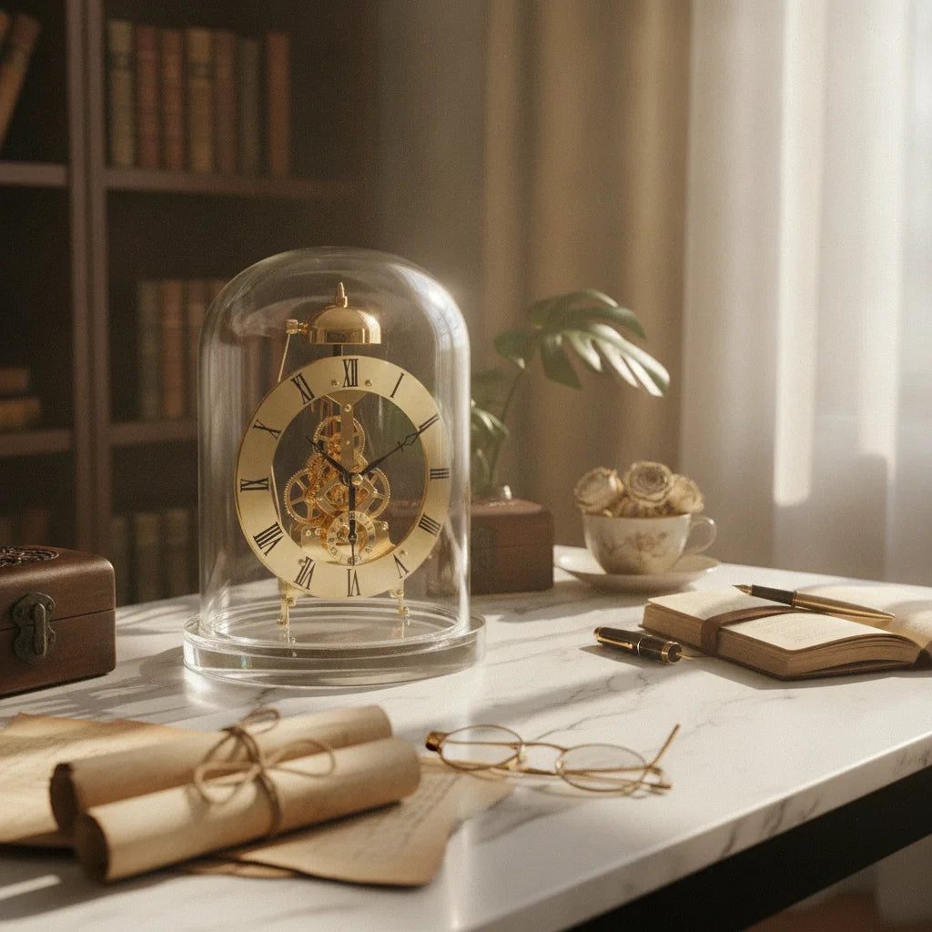 Clock with Glass Dome Mechanical-Style Quartz Skeleton Clock Retro Chiming for Collectors Living Room Home Office Decoration