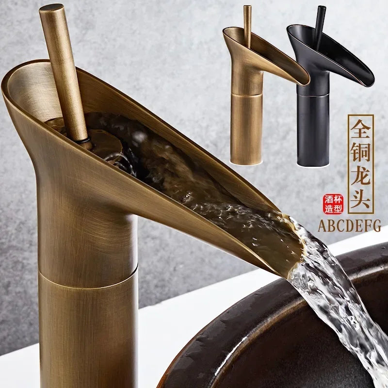 Excellent Single Lever Waterfall Basin Faucet Bathroom Faucet Brass Antique Hot and Cold bathroom Sink Mixer Wine Glass Style Ta