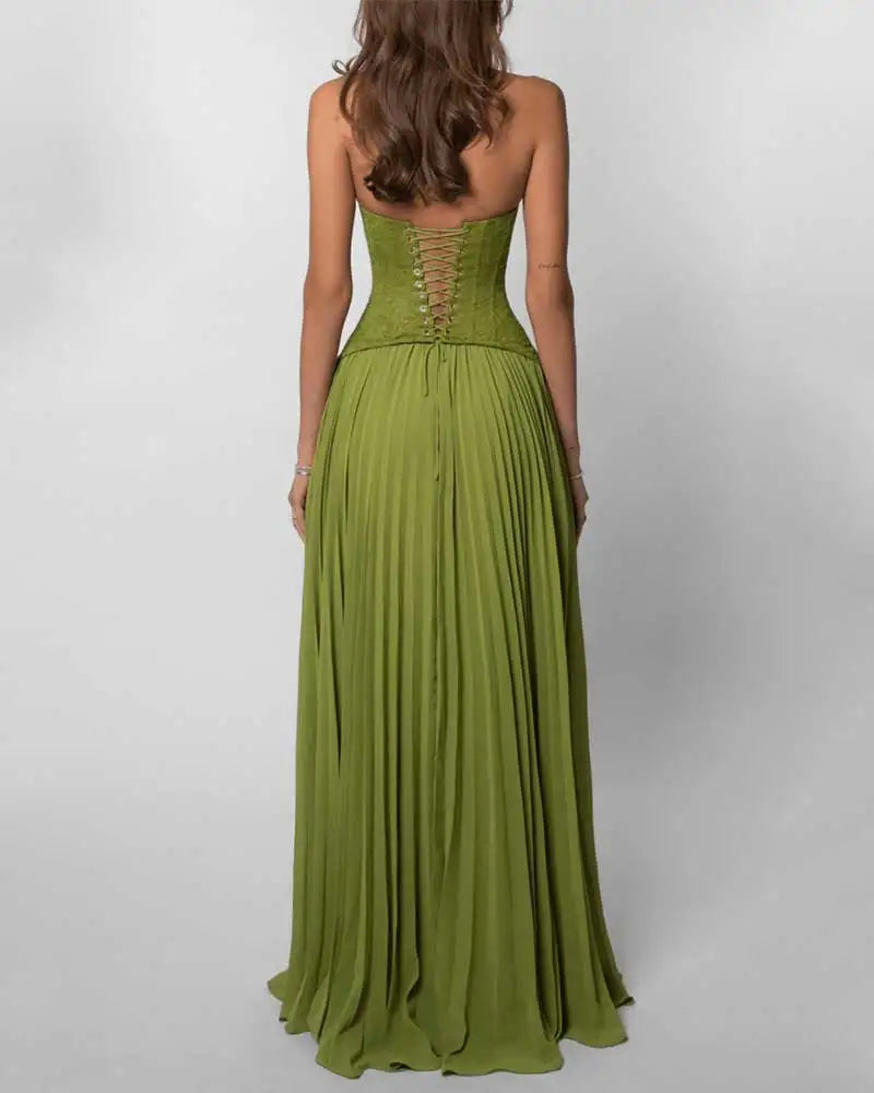 GACVGA Elegant Corset Halter Pleated Maxi Dress Women Back Lace-up Patchwork Slim Lady Gown Club Party Evening Long Dress