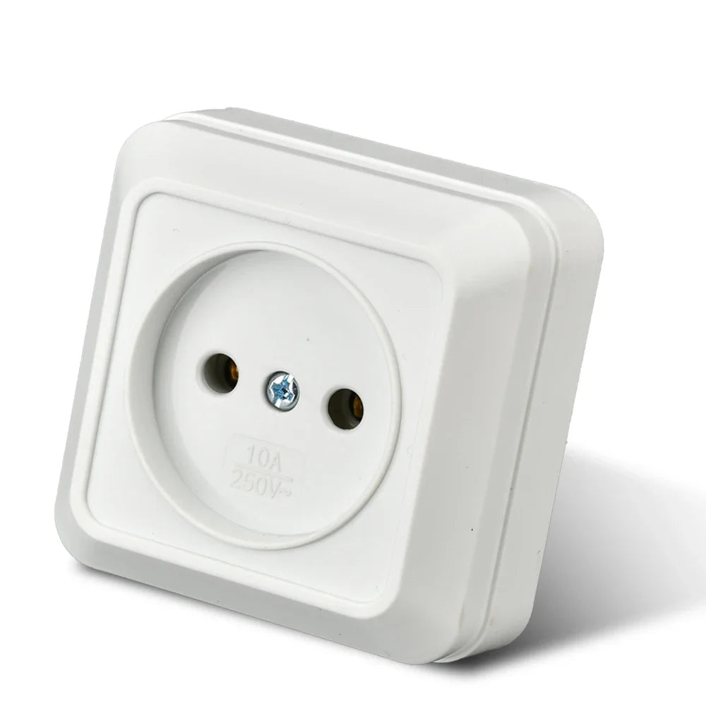 White Wall Mount Socket EU Standard Electrical Outlett Ground Vintage Surface Power Socket Plugs Flame Retardant Plastic