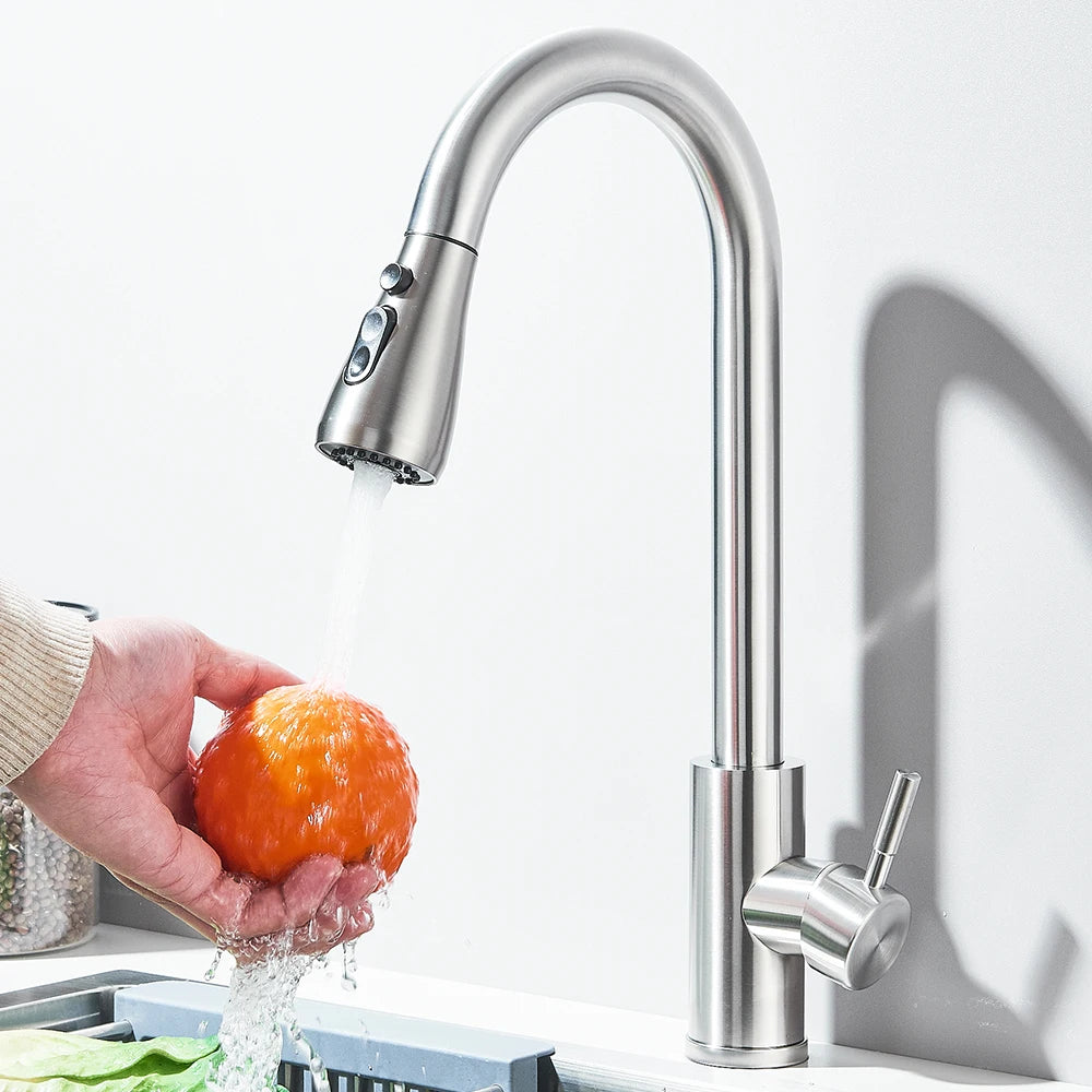 304 Stainless Steel Pull Out Kitchen Faucet 360 Rotate Shower/Stream Sprayer Head Mixer Hot and Cold Water Tap Deck Mounted