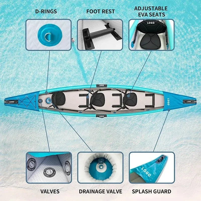 Inflatable Kayak 465CM Inflatable 3 Person Fishing Paddle Boat ,0.6mm PVC 8CM Drop Stitch 3 Chambers Ship for Ocean Lake Sea