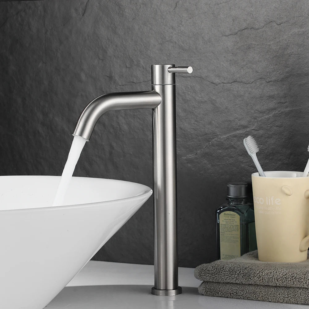 A stainless steel washbasin faucet. Single cold water, 1/2 inch public bathroom. Bathroom balcony