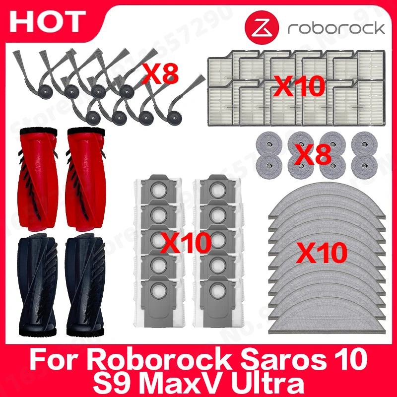 Replacement Parts Compatible for Roborock Saros 10 / S9 MaxV Ultra Main Roller Side Brush HEPA Filter Mop Cloth Dust Bag