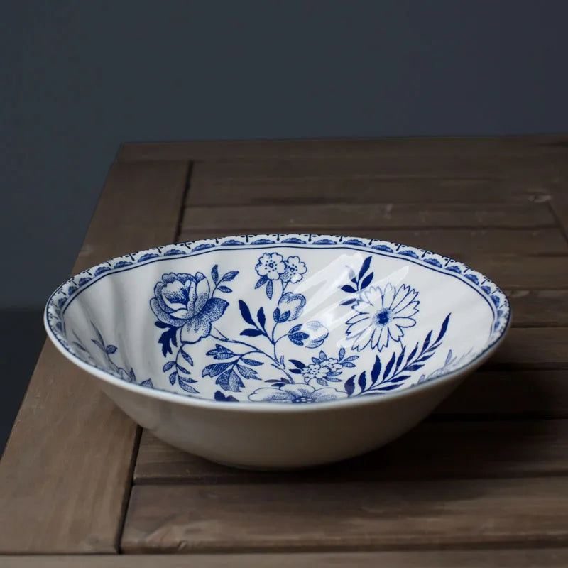 European Ceramic Dinner Plate Set Blue and White Porcelain Decorative Breakfast Plates Retro Hand Painted Restaurant Steak Dish