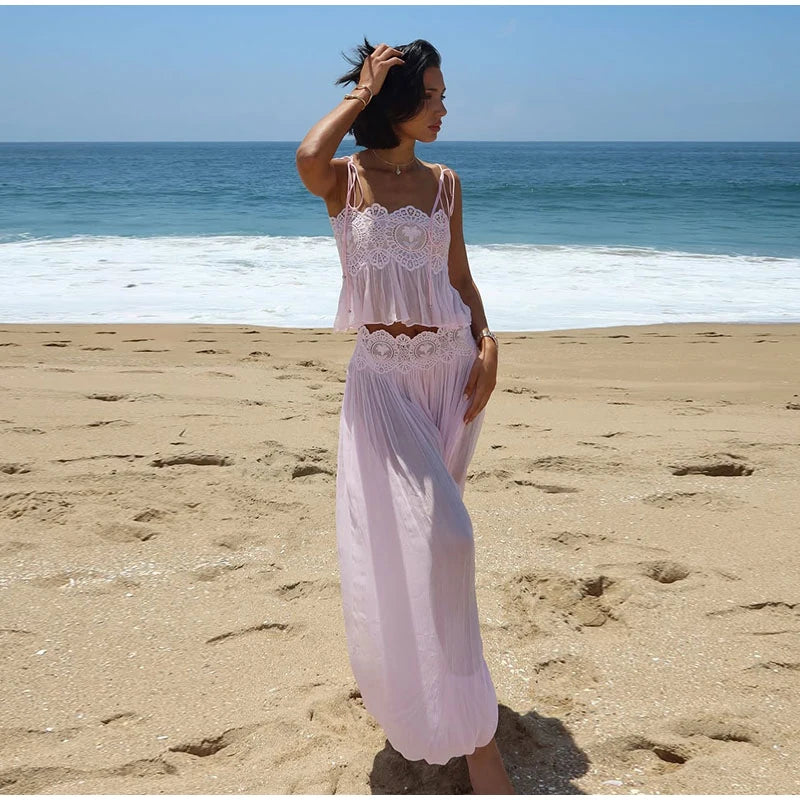Lace Women Two Piece Set Camisole Tank Top See Through Wide Leg Jogger Pants Stylish Two Piece Outfit Lace Trim Detail  Fashion