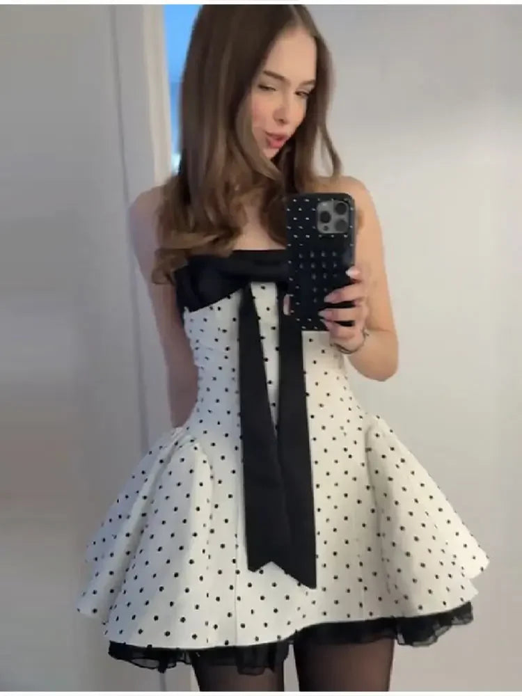 Women's Vintage Polka Dot Strapless Mini Dress Oversized Bow Fit And Flare Lace Hem Skirt 2026 Sweet Cool Party Date Club Outfit