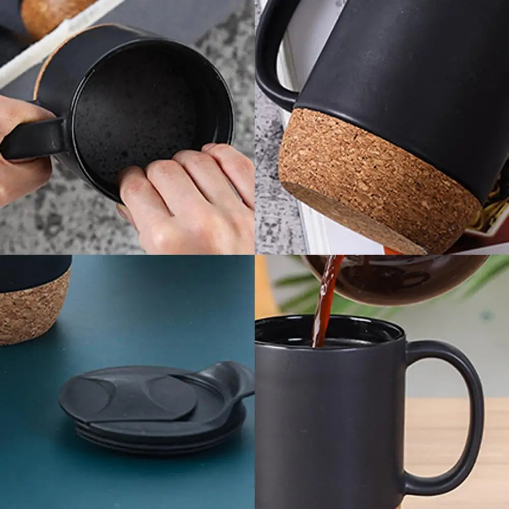 Modern Coffee Mug Leak-proof Coffee Mug 350ml Matte Black Coffee Mug with Grip Handle Cork Bottom Detachable Dustproof Lid