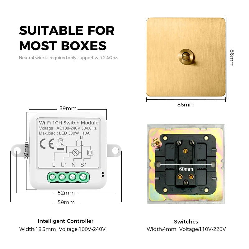 Avoir Tuya Smart Life Home Control Mini Wifi Module Wireless Gold Light Switches 1-4 Gang 2 Way Alexa Rocker Toggle Switch 220V