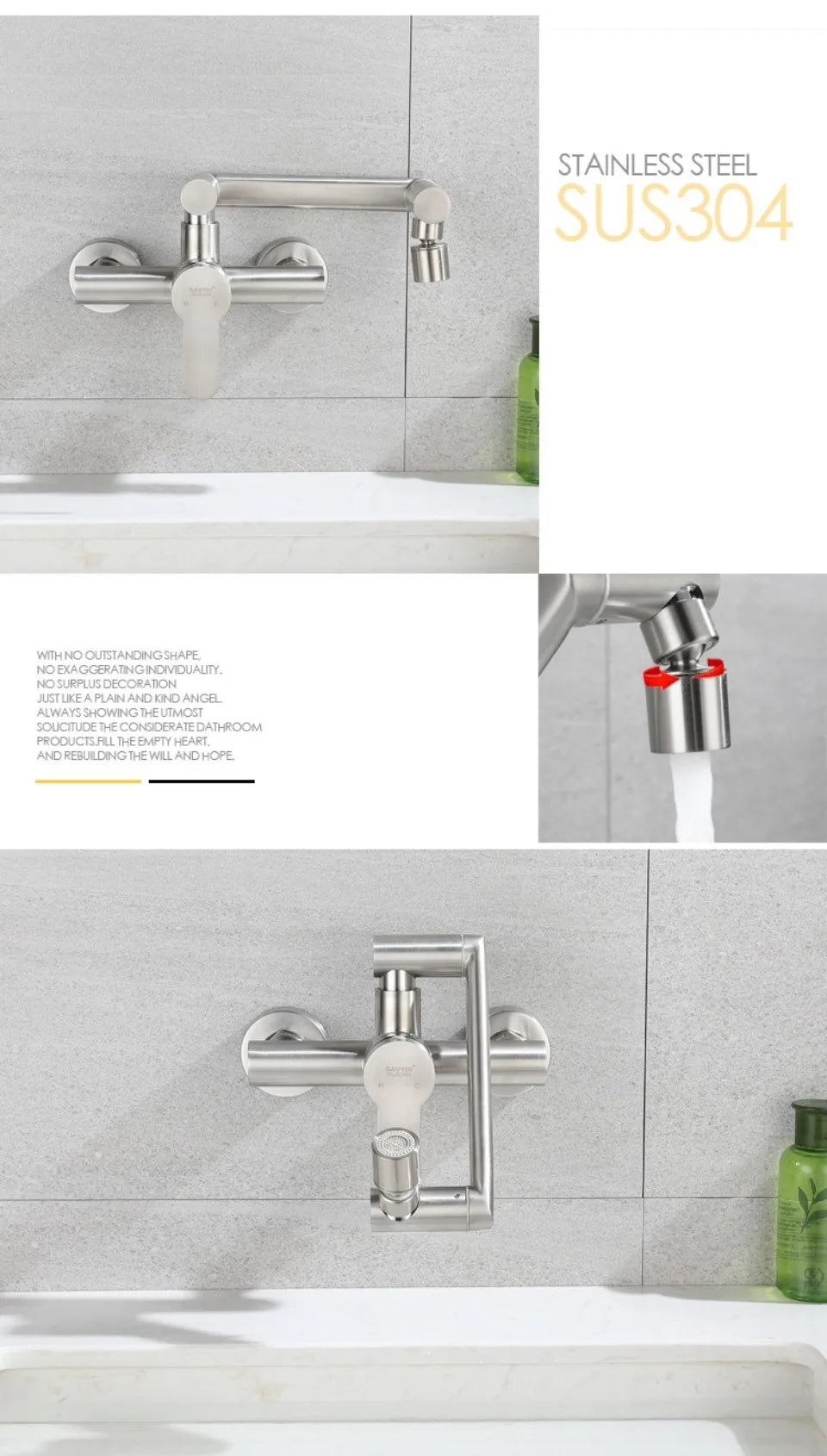 Stainless Steel Foldable Basin Faucet Wall Mounted Bathroom Kitchen Sink Washbasins Cold Hot Water Mixer Tap 360 Degree Swivel